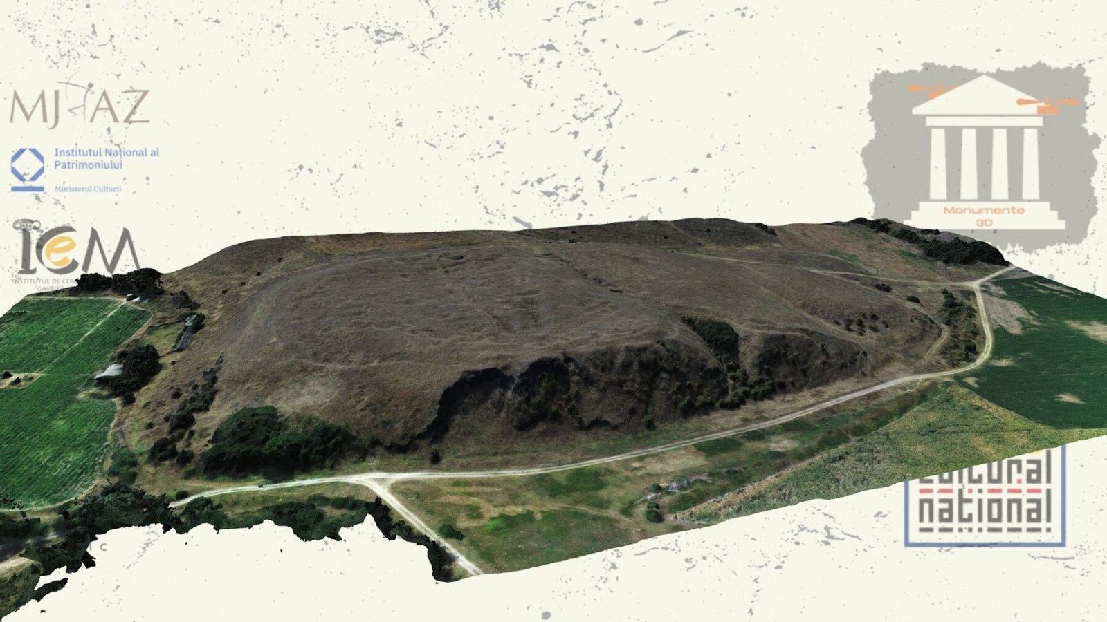 Model 3D al platoului cetății Salsovia de la Mahmudia, văzut de sus, cu drumurile și terenurile din jur