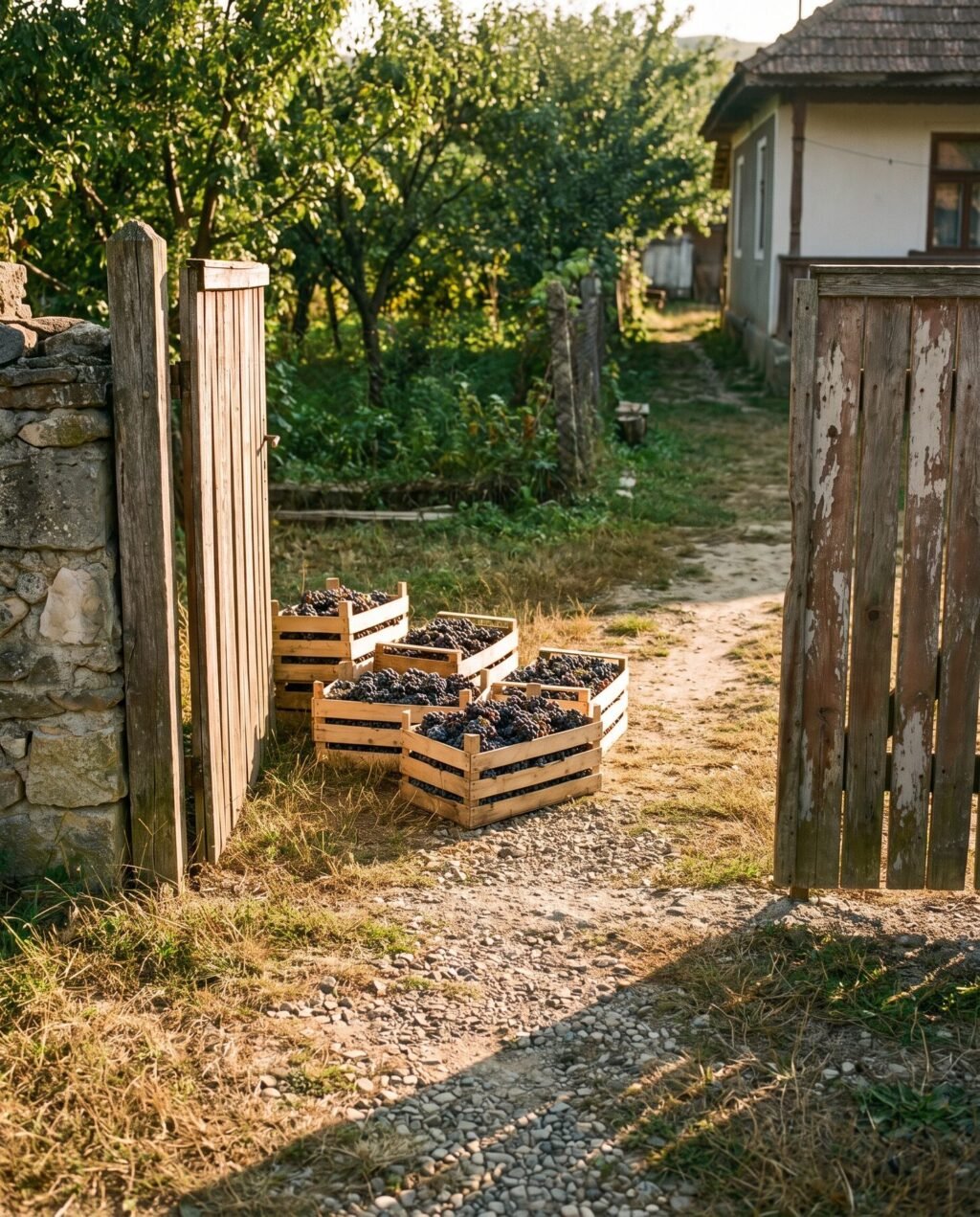 Lădițe de lemn pline cu struguri negri, așezate la poarta deschisă a unei gospodării