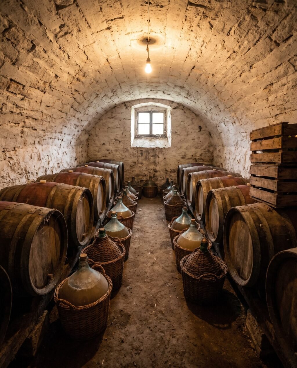 Pivniță boltită, cu butoaie de stejar pe două rânduri și damigene în coșuri de nuiele