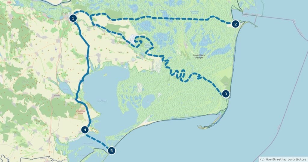Harta traseului Dunăre – Marea Neagră: Tulcea, Sulina, Sfântu Gheorghe, Jurilovca și Gura Portiței, cu bucata pe apă punctată