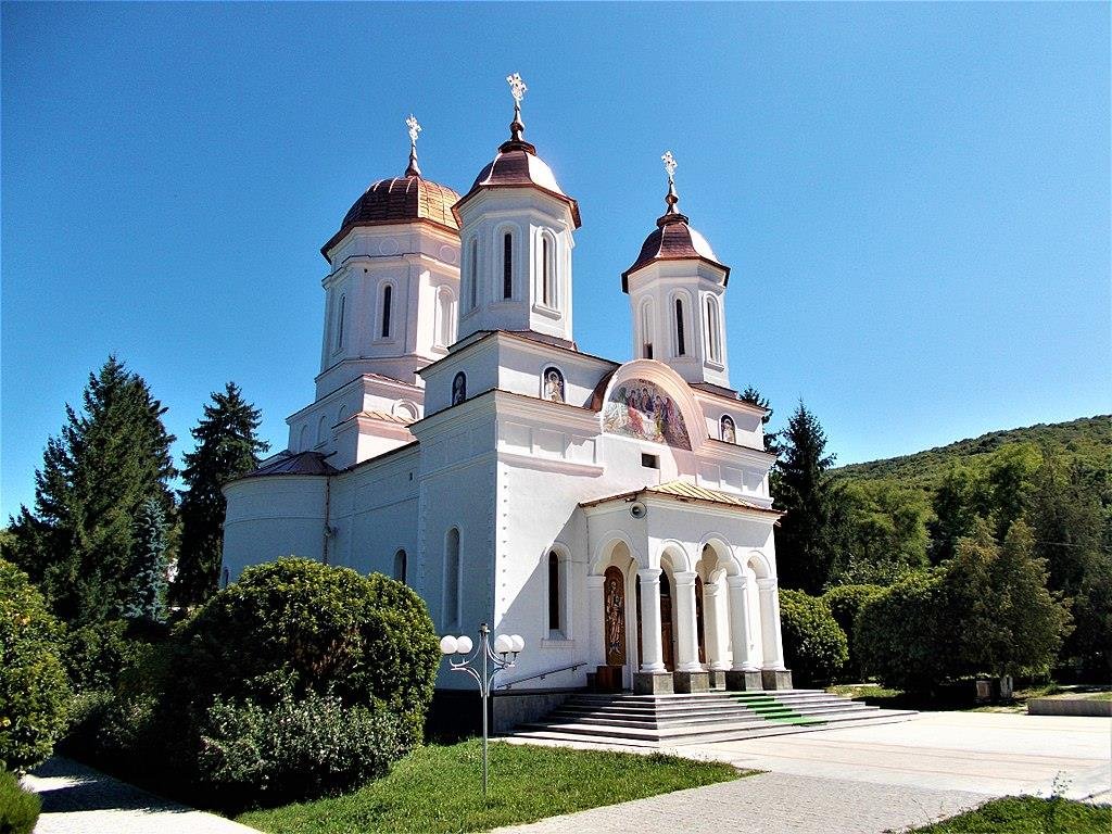Biserica mare a Mănăstirii Cocoș, cu acoperiș verde, pe povârnișul dealului împădurit