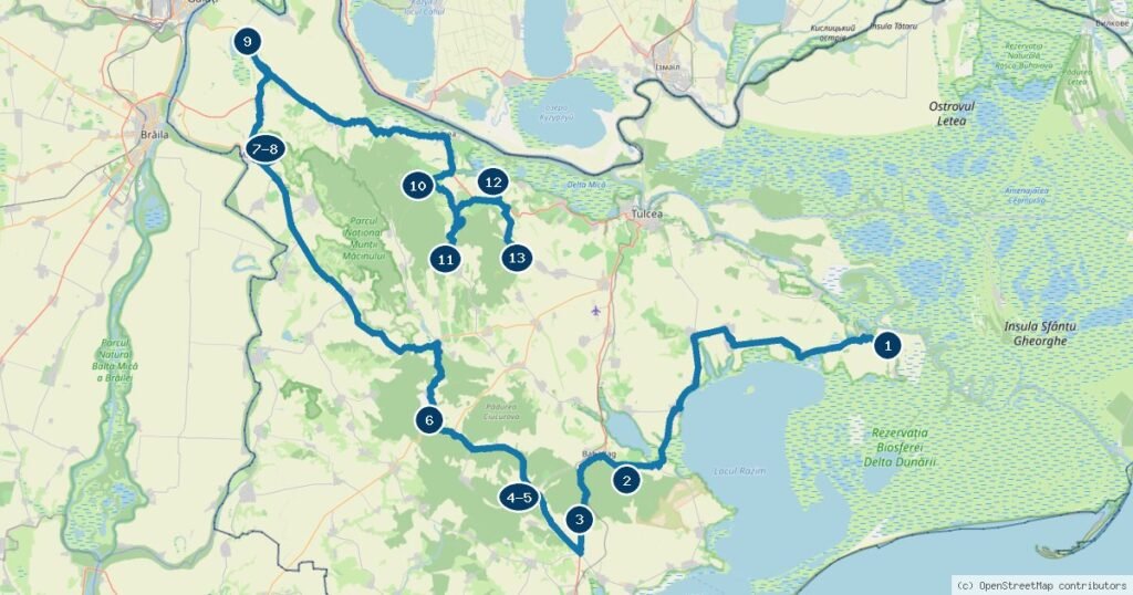 Harta rutei mănăstirilor din județul Tulcea: treisprezece opriri numerotate, de la Halmyris la Celic Dere