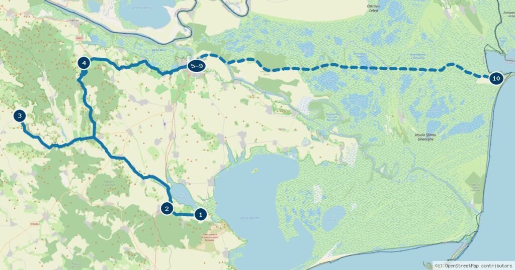Harta rutei patrimoniului muzeal tulcean: zece opriri numerotate, de la Enisala la Sulina, cu ultima bucată pe apă
